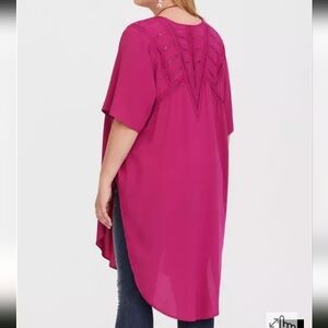 Torrid Red Crinkled Gauze Crochet Inset Longline Kimono Size 1/2